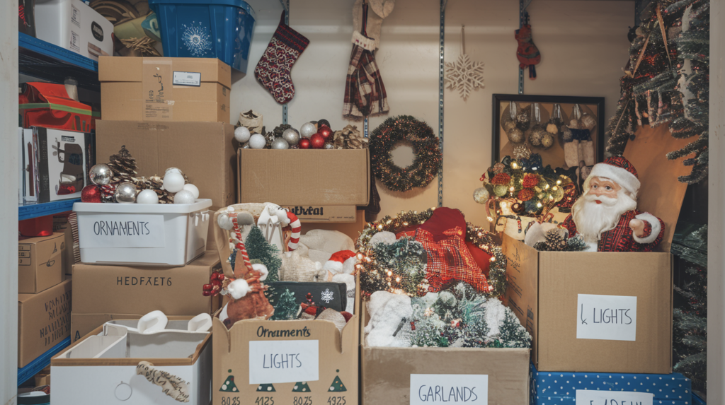 A Garage full of Christmas decorations in boxes.