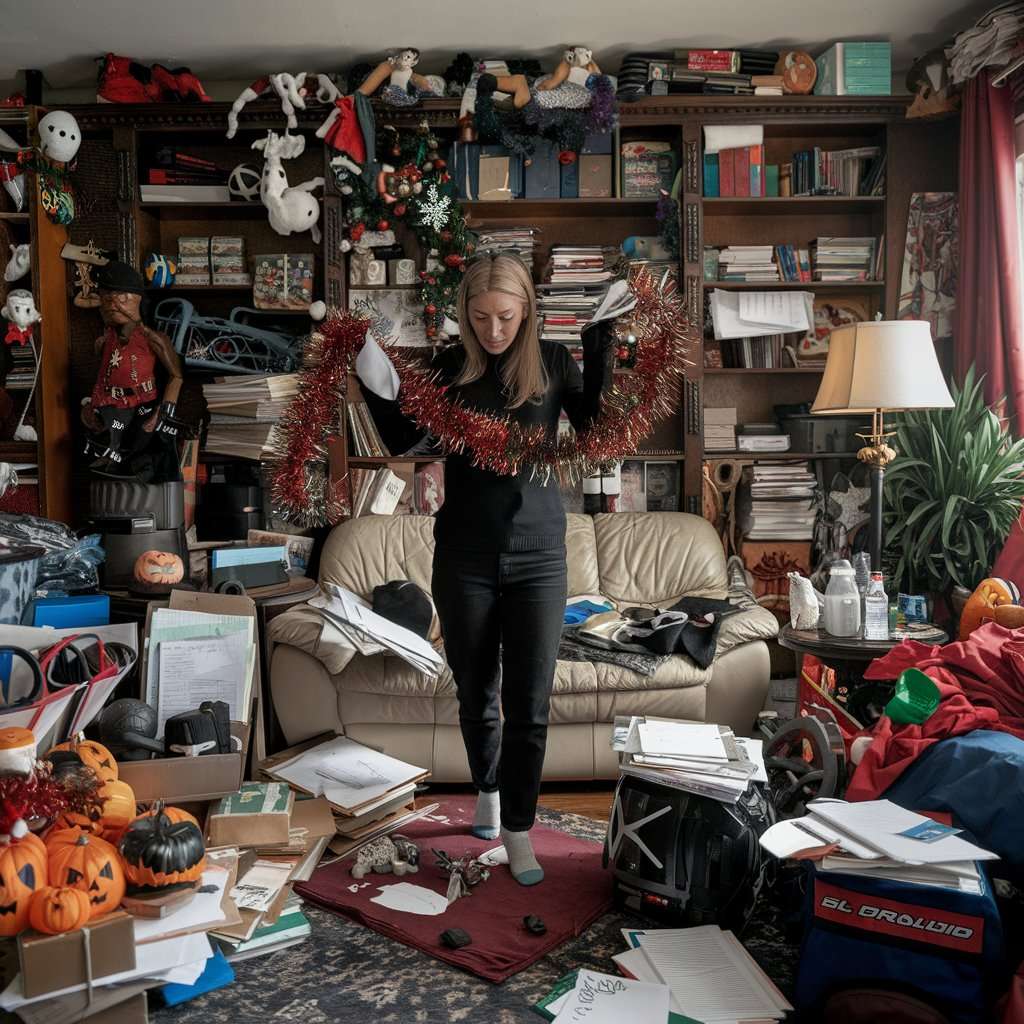 25 Things to Get Organized in 2025 9 A photo of a woman with extremely unorganized surroundings. She has Christmas tinsel in one hand and papers in the other. The room is filled with Christmas decorations, Halloween decorations, stacks of papers, and sports equipment. The woman is standing on a rug. The room has a beige couch, a lamp, and a plant. The overall ambiance is cluttered and chaotic.