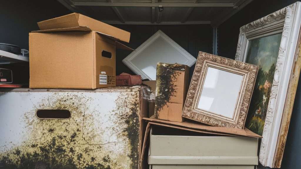 Protect Your Belongings from Moisture in Storage 8 A photo of a storage unit with various belongings, including boxes, a photo frame, and a painting. There is visible mold growing on the corner of a box, the photo frame, and the painting. The background is dark.