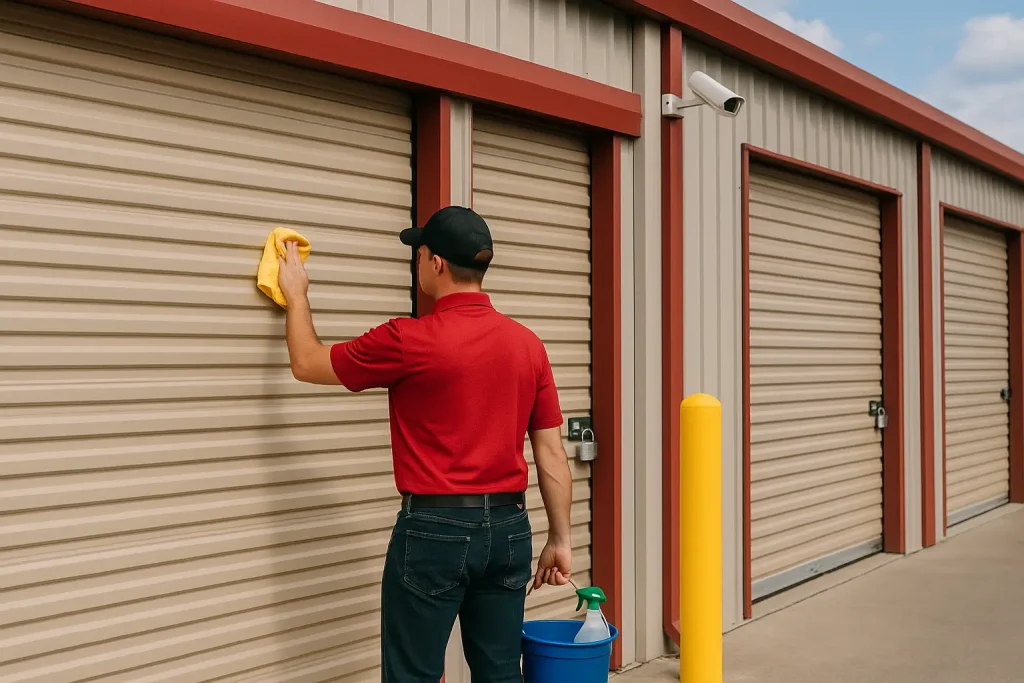 How We Keep Our Storage Units Clean, Secure & Pest-Free, and How You Can Help 5 A man wiping down outside of storage unit