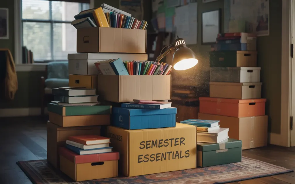Top 10 College Move-In Day Tips for Students & Parents 3 A box of boxes and other items in a dorm room, unpacked.